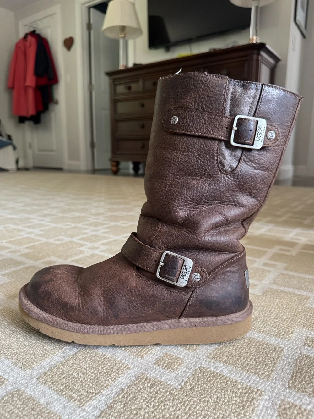 UGG Australia Kensington Leather Shearling Buckle Boots Brown Size 8